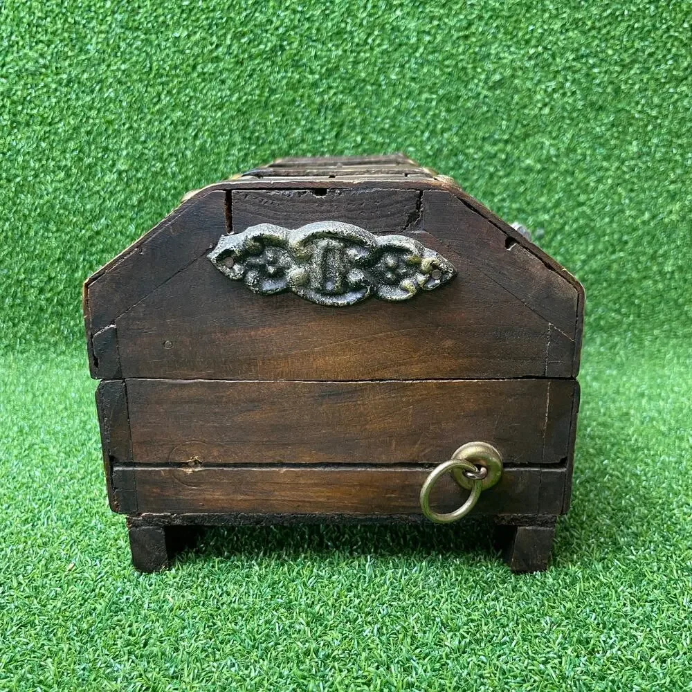 Vintage Wooden Treasure Chest Jewelry Box Gothic Lions Head Metal Latch